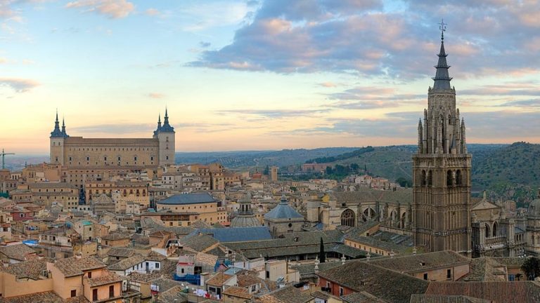 Toledo. Historic city A large clock tower towering over a city